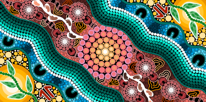 A Breath of Fresh Air Indigenous Travel Towel featuring sacred Aboriginal artwork with traditional symbols representing life-giving air, spiritual breath, and connection to nature through ancestral dreamtime patterns and flowing dot work designs