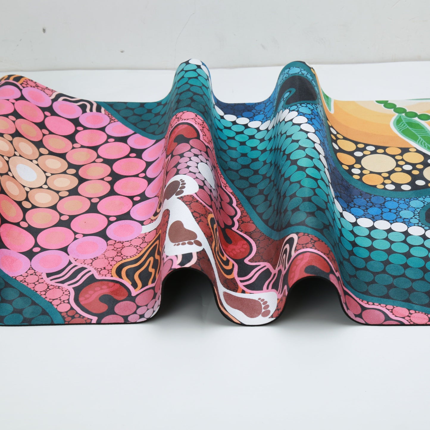 Detailed view of A Breath of Fresh Air Indigenous Yoga Mat featuring traditional Aboriginal artwork with breath symbols, flowing patterns, and cultural motifs that represent the sacred air element and spiritual cleansing in ancestral stories