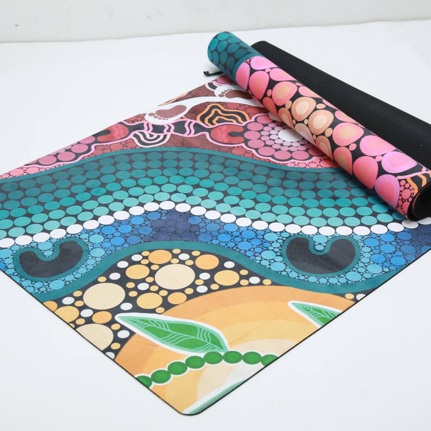 Close-up view of A Breath of Fresh Air Indigenous Yoga Mat displaying authentic Aboriginal design with wind patterns, breath symbols, and traditional cultural motifs that honor the sacred life force and spiritual connection to the natural world