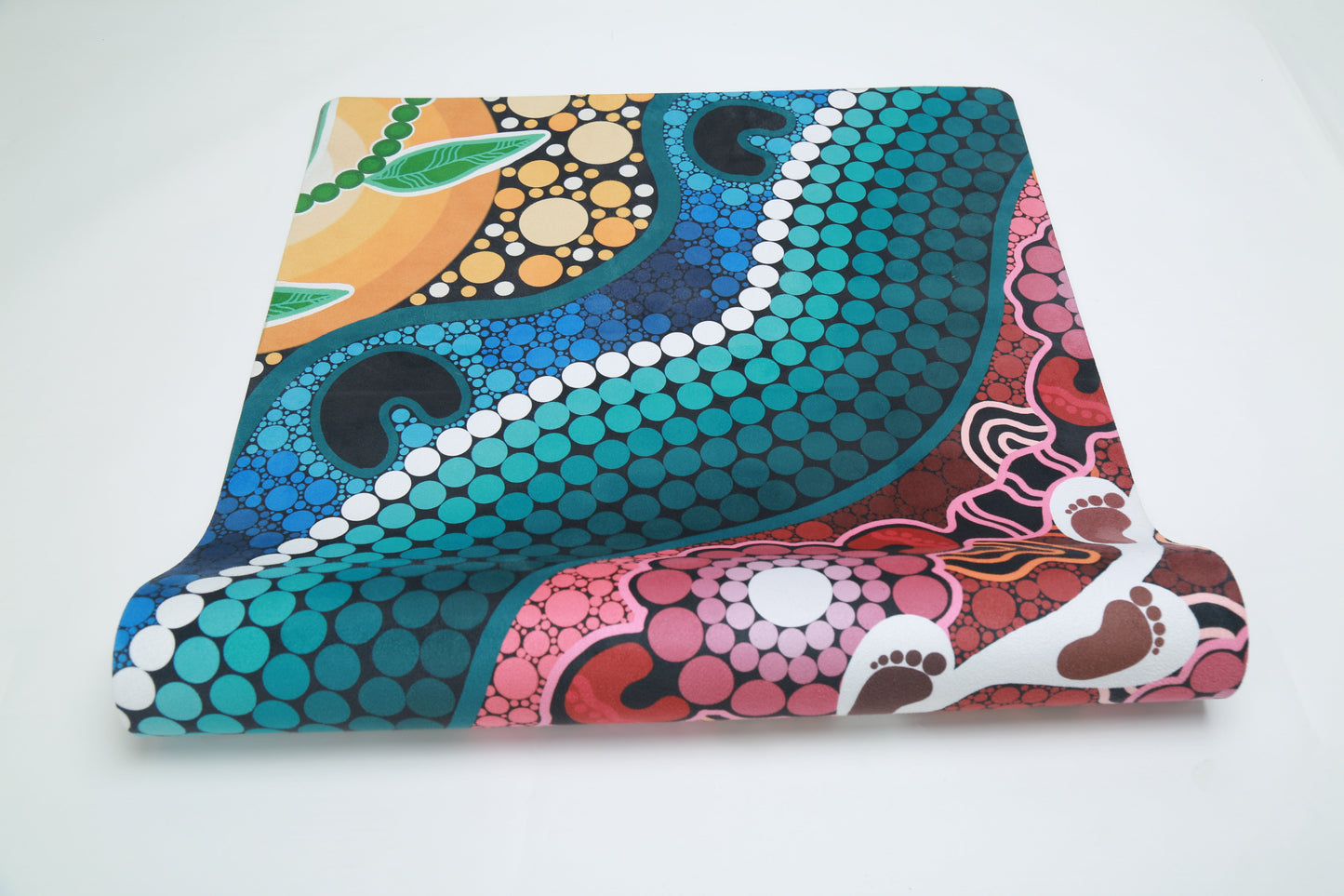 A Breath of Fresh Air Indigenous Yoga Mat featuring sacred Aboriginal artwork with traditional symbols representing life-giving air, spiritual breath, and connection to nature through ancestral dreamtime patterns and flowing dot work designs