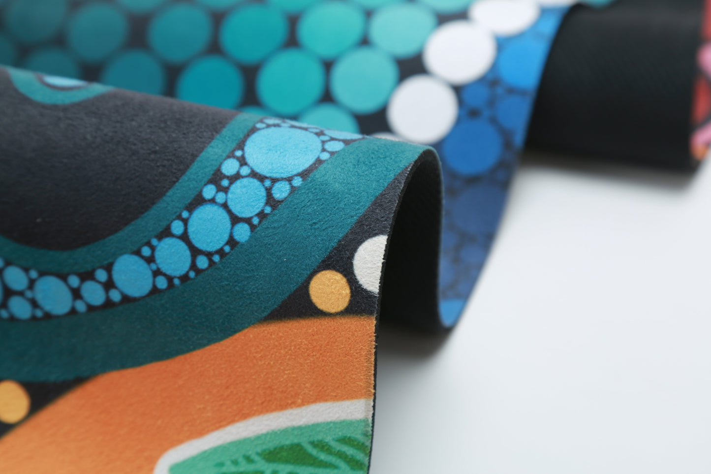 Full layout of A Breath of Fresh Air Indigenous Yoga Mat showcasing the complete Aboriginal artwork with traditional dot painting techniques, air flow symbols, and cultural patterns representing the cleansing breath of ancestors and spiritual renewal