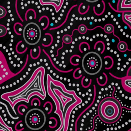 Frangipani Indigenous Travel Towel featuring sacred Aboriginal artwork with traditional frangipani flower symbols representing beauty, spiritual growth, and connection to tropical country through ancestral dreamtime patterns and dot work designs
