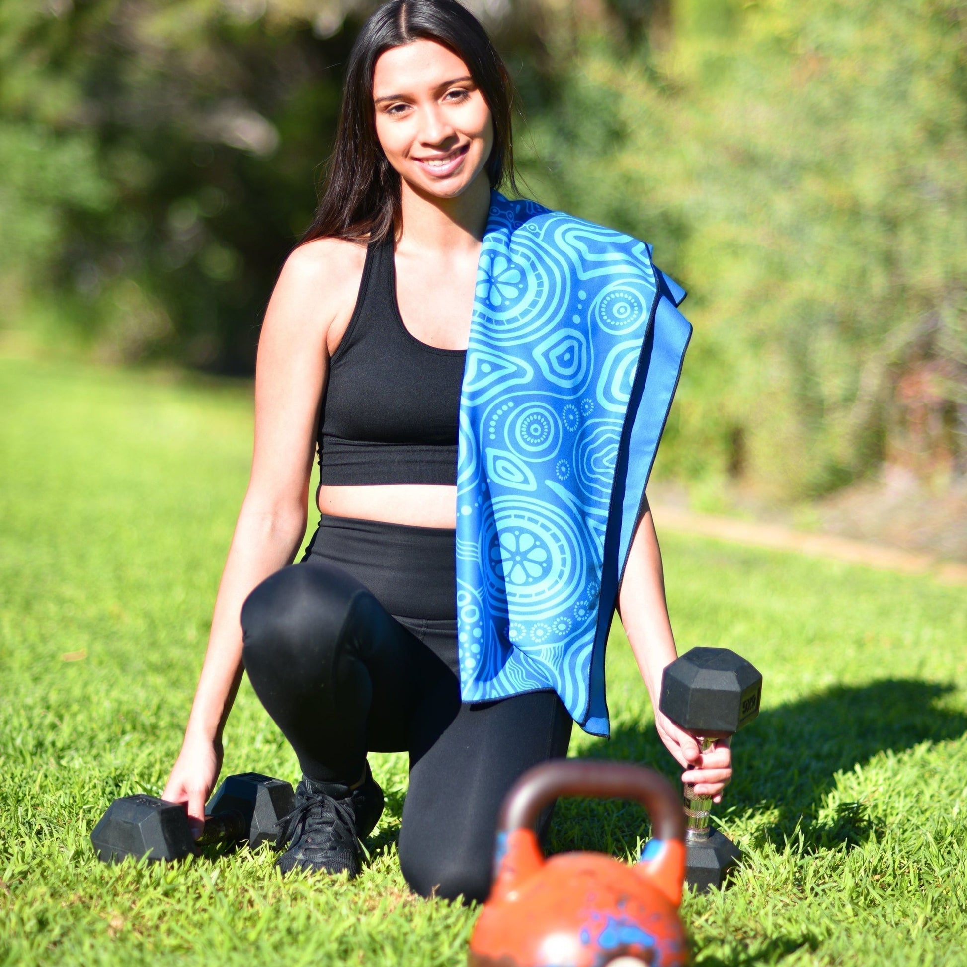Full view of Inner Spirit Indigenous Gym Towel displaying authentic Aboriginal design with sacred spiritual symbols, inner journey patterns, and traditional cultural motifs that honor the connection between physical wellness and spiritual strength