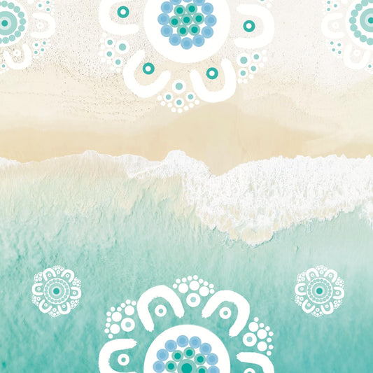 Our Land Our Family Indigenous Gym Towel featuring authentic Aboriginal artwork with traditional symbols representing connection to country family bonds and ancestral stories told through sacred dot painting and earth tone patterns