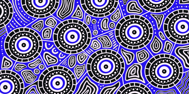 Seascape Indigenous artwork featuring traditional Aboriginal dot painting techniques with ocean wave motifs, representing the eternal flow of water and ancestral stories of the sea