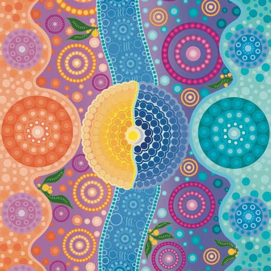Sunlight Meets Moonlight Indigenous Gym Towel featuring sacred Aboriginal artwork with traditional symbols representing the eternal dance between day and night, sun and moon cycles, and the balance of masculine and feminine energies through ancestral dreamtime patterns