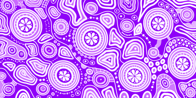 Walkabout Indigenous Travel Towel featuring sacred Aboriginal artwork in deep purple with traditional walkabout symbols representing spiritual journey, connection to country, and ancestral pathways through dreamtime patterns and dot work designs