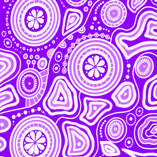 Walkabout Indigenous Travel Towel featuring sacred Aboriginal artwork in deep purple with traditional walkabout symbols representing spiritual journey, connection to country, and ancestral pathways through dreamtime patterns and dot work designs