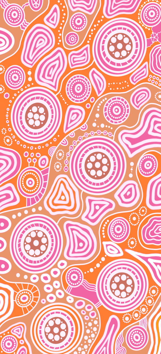 Walkabout Indigenous Travel Towel featuring sacred Aboriginal artwork in vibrant orange with traditional walkabout symbols representing spiritual journey, connection to country, and ancestral pathways through dreamtime patterns and dot work designs