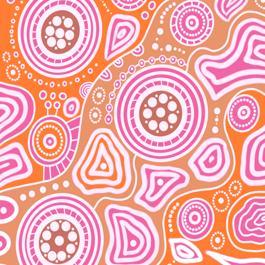Walkabout Indigenous Travel Towel featuring sacred Aboriginal artwork in vibrant orange with traditional walkabout symbols representing spiritual journey, connection to country, and ancestral pathways through dreamtime patterns and dot work designs