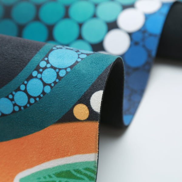 Full layout of A Breath of Fresh Air Indigenous Yoga Mat showcasing the complete Aboriginal artwork with traditional dot painting techniques, air flow symbols, and cultural patterns representing the cleansing breath of ancestors and spiritual renewal
