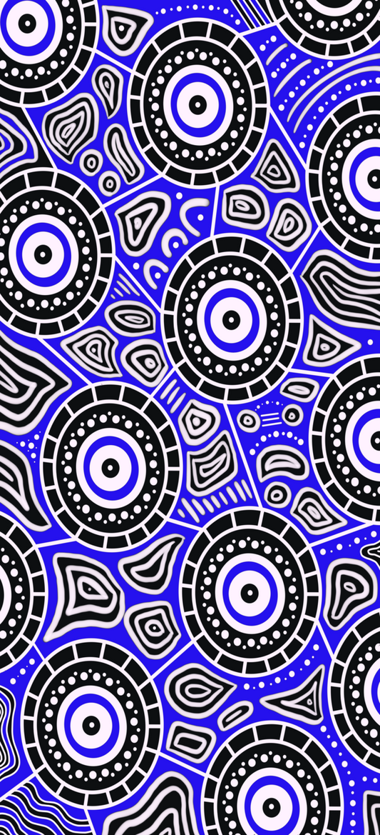Close-up detail of Seascape Indigenous artwork featuring traditional Aboriginal dot painting techniques with ocean wave motifs, representing the eternal flow of water and ancestral stories of the sea
