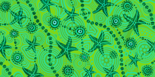 Starfish Kids Indigenous Travel Towel featuring vibrant green Aboriginal artwork with traditional starfish symbols representing ocean life, coastal connection, and children's spiritual bond to sea country through ancestral dreamtime stories