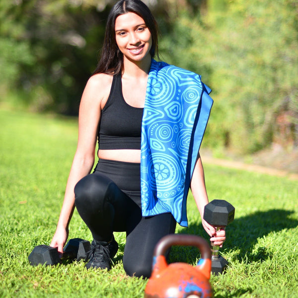 Full view of Inner Spirit Indigenous Gym Towel displaying authentic Aboriginal design with sacred spiritual symbols, inner journey patterns, and traditional cultural motifs that honor the connection between physical wellness and spiritual strength
