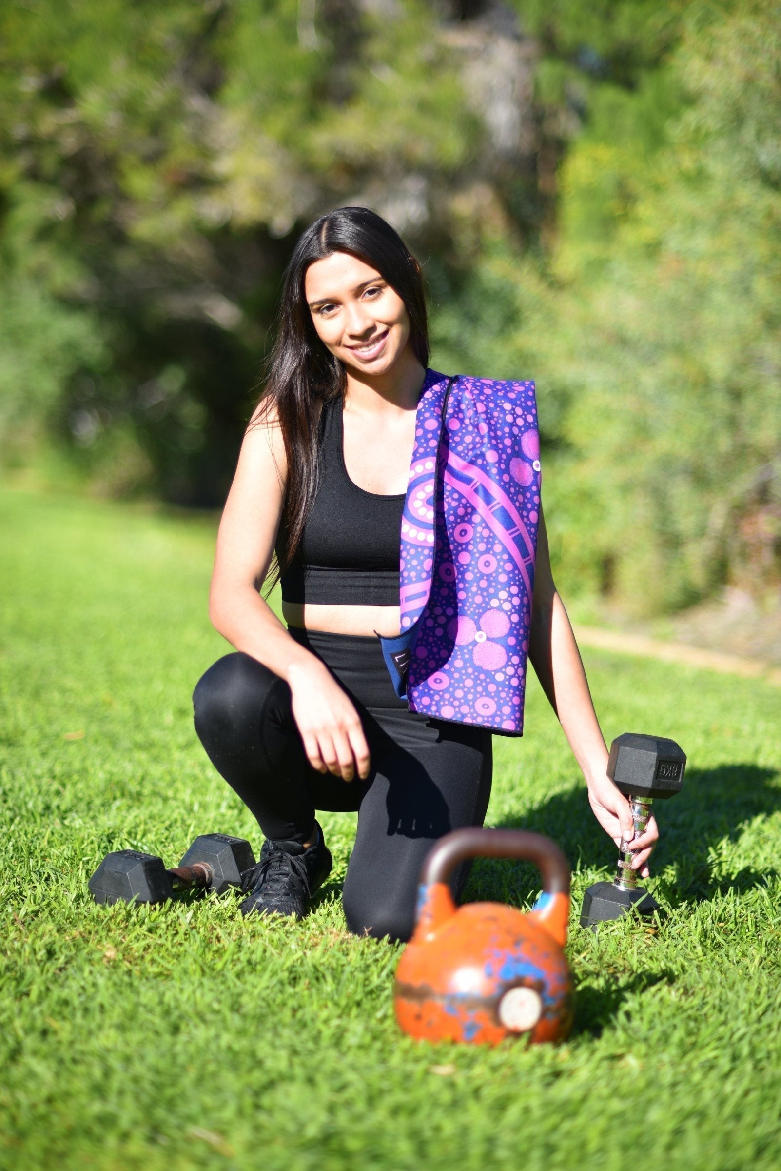Jabirr Jabirr Country Indigenous Gym Towel featuring traditional Aboriginal artwork in earth tones with sacred country symbols, ancestral dot work patterns, and cultural motifs that honor the spiritual connection to Jabirr Jabirr traditional lands and heritage
