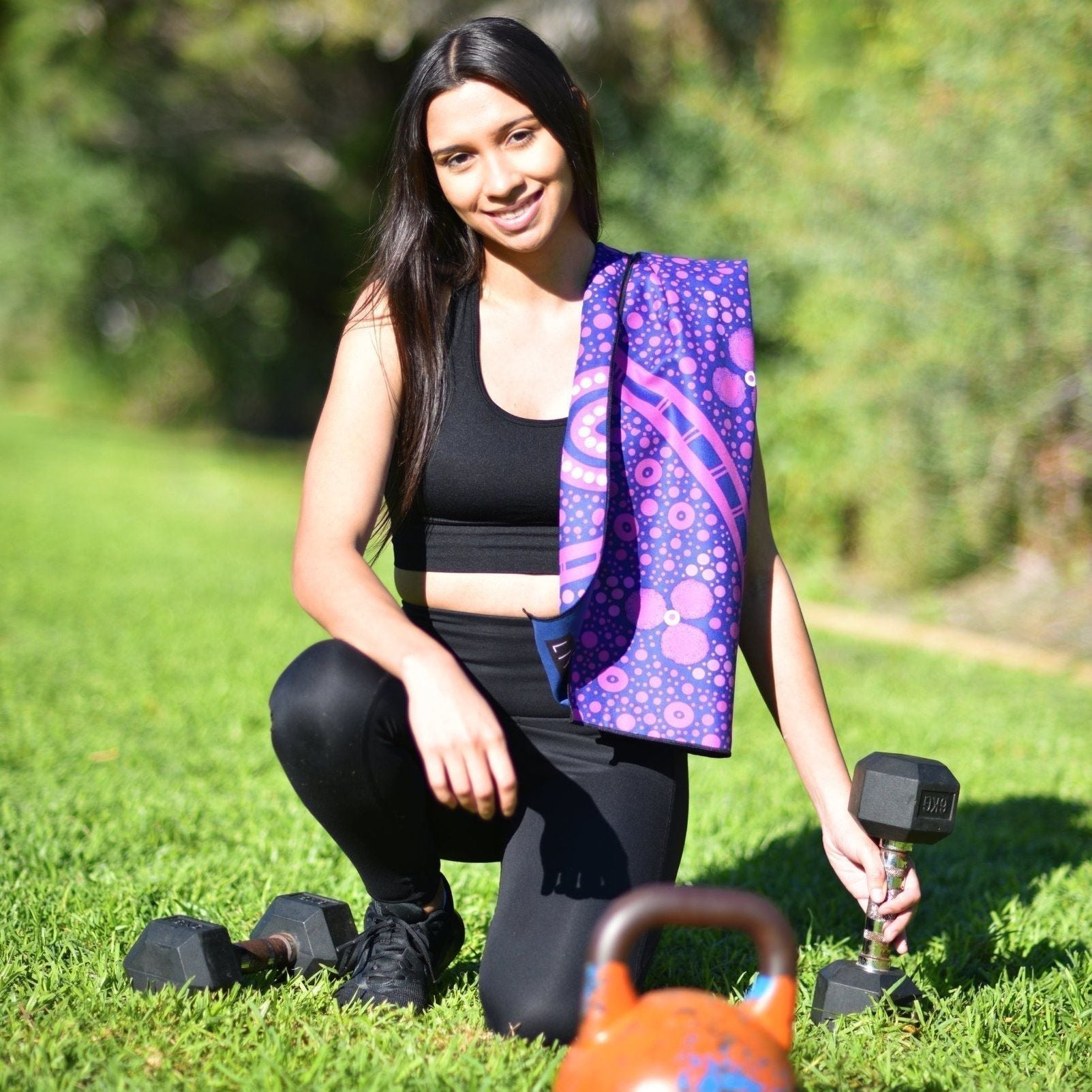 Jabirr Jabirr Country Indigenous Gym Towel featuring traditional Aboriginal artwork in earth tones with sacred country symbols, ancestral dot work patterns, and cultural motifs that honor the spiritual connection to Jabirr Jabirr traditional lands and heritage
