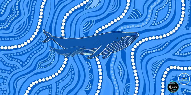 Blue whale illustration on a blue and white patterned background