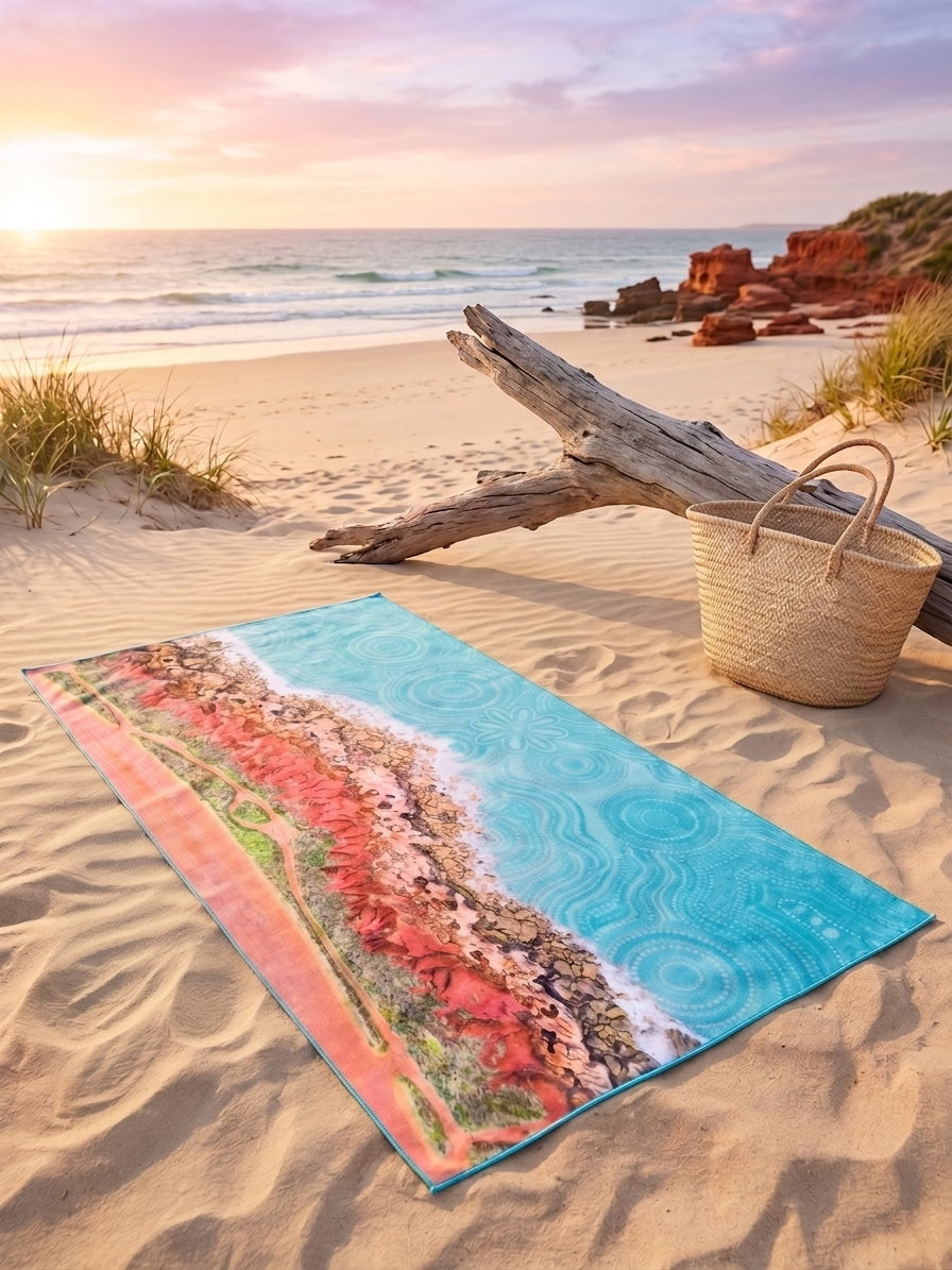 A rectangular beach towel with a colorful coastal landscape print lies on sandy shore next to a woven straw basket and driftwood, with the ocean and sunset in the background.