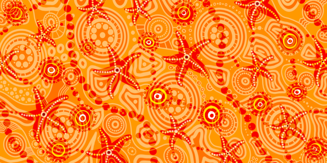 Starfish Kids Indigenous Travel Towel featuring vibrant orange Aboriginal artwork with traditional starfish symbols representing ocean life, coastal connection, and children's spiritual bond to sea country through ancestral dreamtime stories