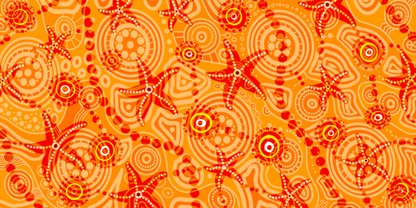 Starfish Kids Indigenous Travel Towel featuring vibrant orange Aboriginal artwork with traditional starfish symbols representing ocean life, coastal connection, and children's spiritual bond to sea country through ancestral dreamtime stories