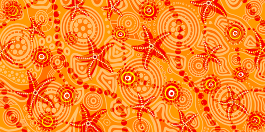 Starfish Kids Indigenous Travel Towel featuring vibrant orange Aboriginal artwork with traditional starfish symbols representing ocean life, coastal connection, and children's spiritual bond to sea country through ancestral dreamtime stories