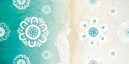 Our Land Our Family Indigenous Gym Towel featuring authentic Aboriginal artwork with traditional symbols representing connection to country family bonds and ancestral stories told through sacred dot painting and earth tone patterns