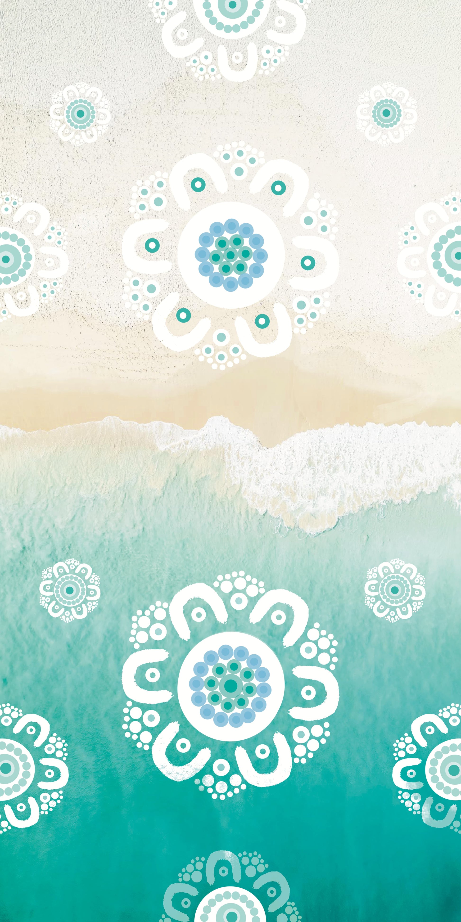 Our Land Our Family Indigenous Gym Towel featuring authentic Aboriginal artwork with traditional symbols representing connection to country family bonds and ancestral stories told through sacred dot painting and earth tone patterns