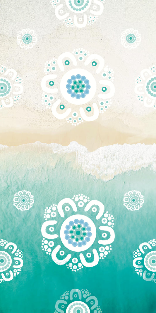 Our Land Our Family Indigenous Gym Towel featuring authentic Aboriginal artwork with traditional symbols representing connection to country family bonds and ancestral stories told through sacred dot painting and earth tone patterns