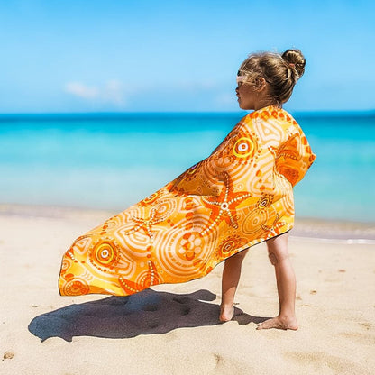 Full view of Starfish Kids Indigenous Travel Towel displaying authentic Aboriginal starfish artwork with traditional symbols representing sea creatures, ocean wisdom, and the sacred relationship between children and marine environments
