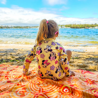 Close-up detail of Starfish Kids Indigenous design showcasing traditional Aboriginal dot painting techniques with starfish motifs, ocean symbols, and cultural patterns that teach children about marine life and connection to coastal country
