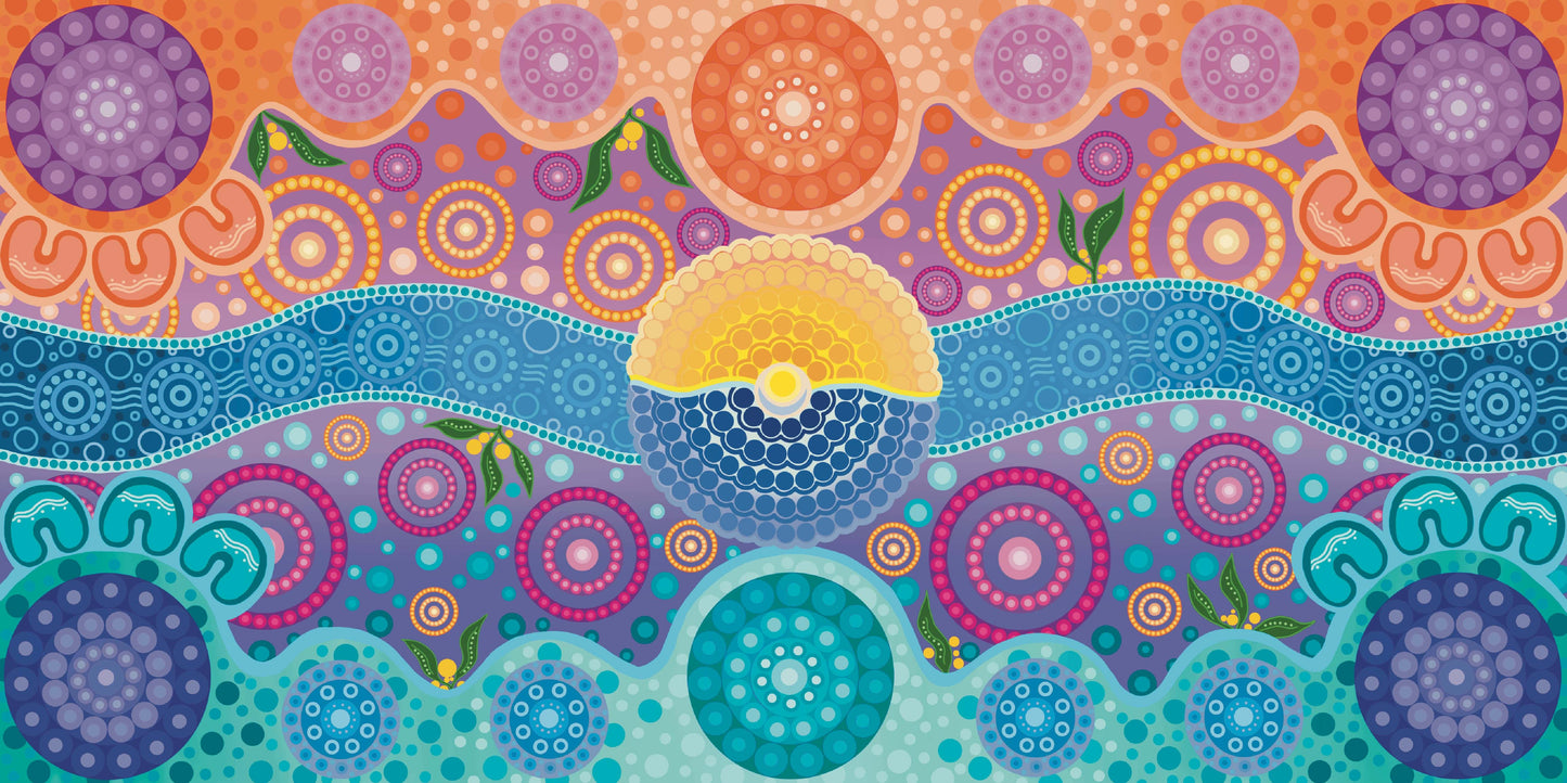 Sunlight Meets Moonlight Indigenous Gym Towel featuring sacred Aboriginal artwork with traditional symbols representing the eternal dance between day and night, sun and moon cycles, and the balance of masculine and feminine energies through ancestral dreamtime patterns
