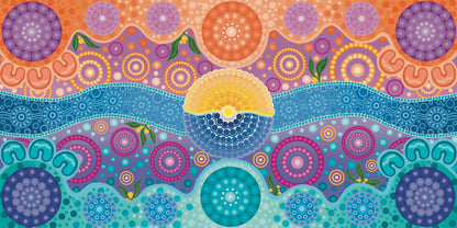 Sunlight Meets Moonlight Indigenous Gym Towel featuring sacred Aboriginal artwork with traditional symbols representing the eternal dance between day and night, sun and moon cycles, and the balance of masculine and feminine energies through ancestral dreamtime patterns
