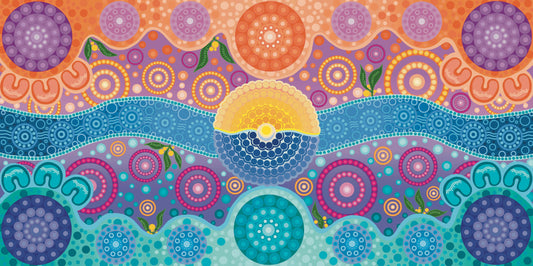 Sunlight Meets Moonlight Indigenous Gym Towel featuring sacred Aboriginal artwork with traditional symbols representing the eternal dance between day and night, sun and moon cycles, and the balance of masculine and feminine energies through ancestral dreamtime patterns
