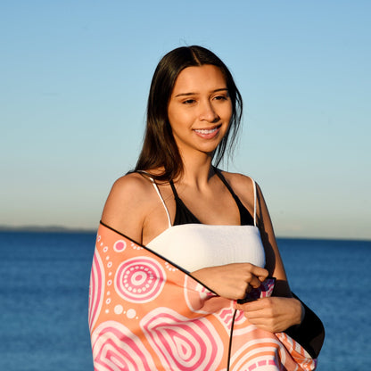 Close-up detail of Walkabout Indigenous artwork showcasing traditional Aboriginal dot painting techniques with walkabout motifs, journey symbols, and cultural patterns that honor the spiritual significance of travel and connection to ancestral lands
