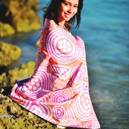 Detailed view of Walkabout Indigenous Beach Towel featuring traditional Aboriginal walkabout symbols, journey patterns, and cultural motifs in orange that represent the sacred act of walking country and spiritual connection to ancestral pathways

