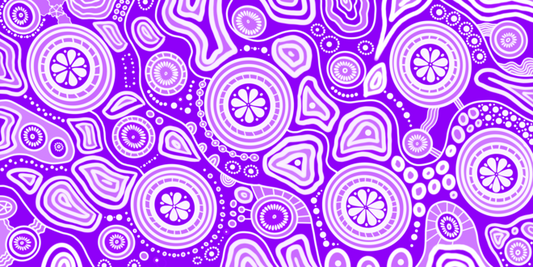 Walkabout Indigenous Travel Towel featuring sacred Aboriginal artwork in deep purple with traditional walkabout symbols representing spiritual journey, connection to country, and ancestral pathways through dreamtime patterns and dot work designs
